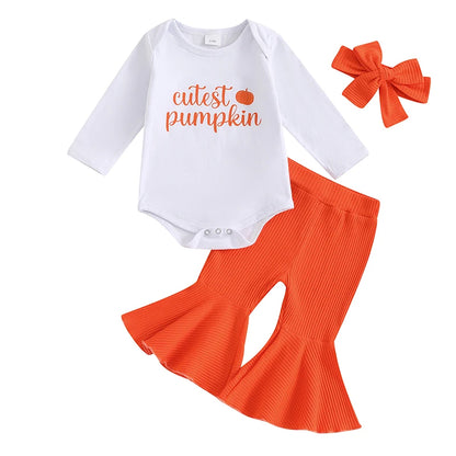 Baby Girl Pumpkin Outfit with Long Sleeve Bodysuit, Orange Ribbed Bell Bottom Pants and Bow Headband, Three-Piece Halloween Set for 0-18 Months
