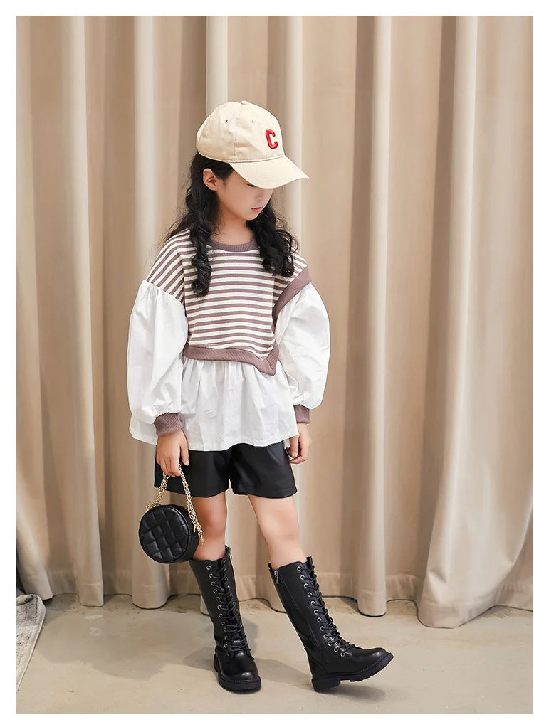 Lace-Up Knee-High Boots for Girls with Side Zippers and Chunky Soles, Black or Beige Motorcycle-Inspired Tall Fashion Shoes, Sizes 27–37