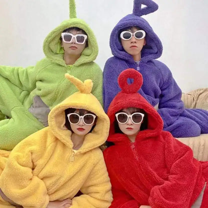 Teletubbies Hooded Onesie Costume for Kids and Adults, Soft Long-Sleeve Character Jumpsuit for Cosplay, Halloween and Family Dress-Up