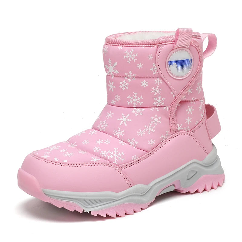 Snowflake Print Kids Winter Boots with Padded Shafts, Pull Tabs and Chunky Tread Soles, Pink Snow-Style Footwear for Boys and Girls