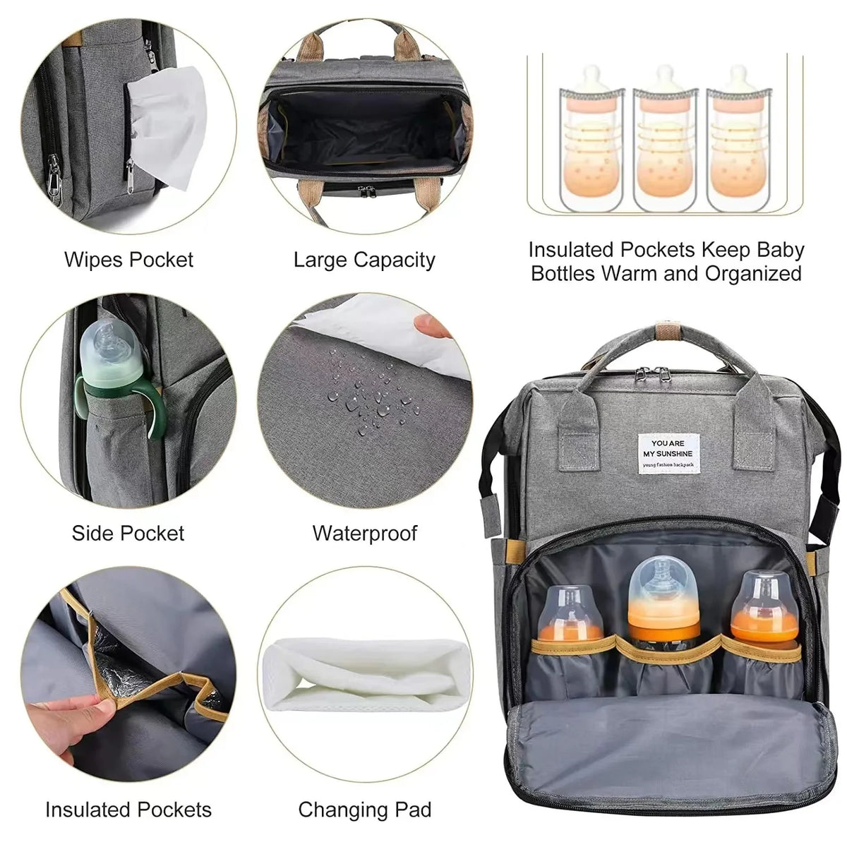 Diaper Backpack with Three Insulated Bottle Pockets and Fold-Out Changing Station, Multi-Pocket Baby Supply Bag for Moms and Dads on Everyday Outings