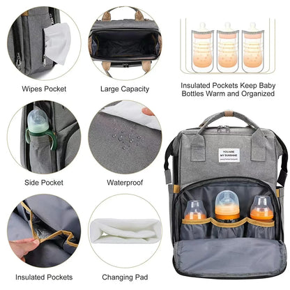 Diaper Backpack with Three Insulated Bottle Pockets and Fold-Out Changing Station, Multi-Pocket Baby Supply Bag for Moms and Dads on Everyday Outings