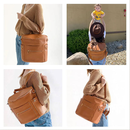 Convertible Diaper Backpack in PU Leather with Changing Pad, 11 Storage Pockets, Insulated Bottle Pockets and Shoulder Straps for Parents