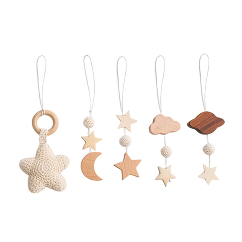 Baby Gym Hanging Toys in Wood and Cotton with Animal, Star and Moon Pendant Designs, Individual or Set Options for Supervised Play