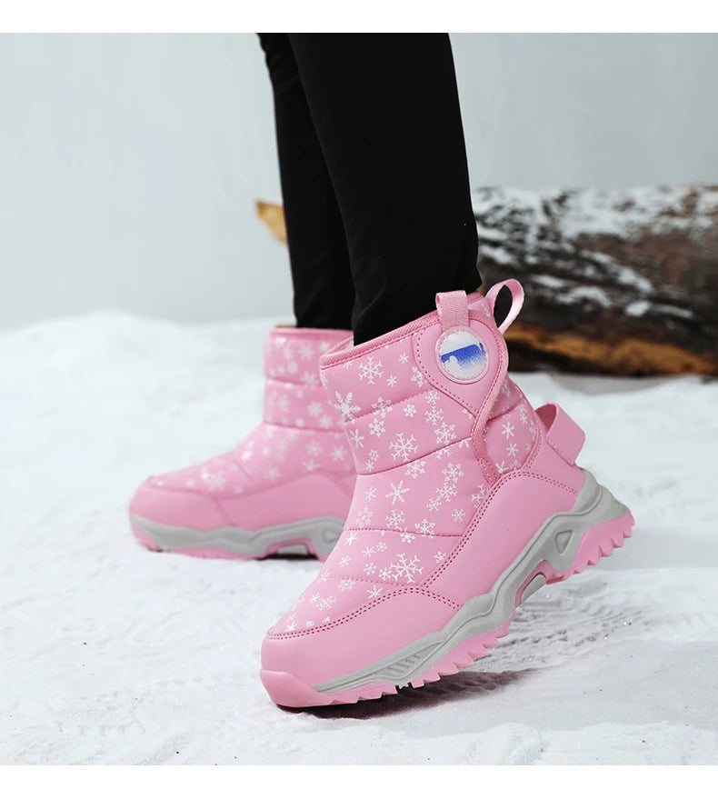 Snowflake Print Kids Winter Boots with Padded Shafts, Pull Tabs and Chunky Tread Soles, Pink Snow-Style Footwear for Boys and Girls