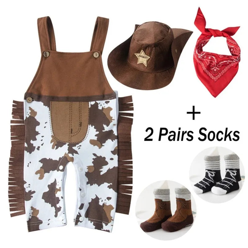 Cow Print Baby Cowboy Costume with Fringe Romper, Sheriff Hat and Red Bandana, Western Birthday Dress-Up Outfit with Sock Options