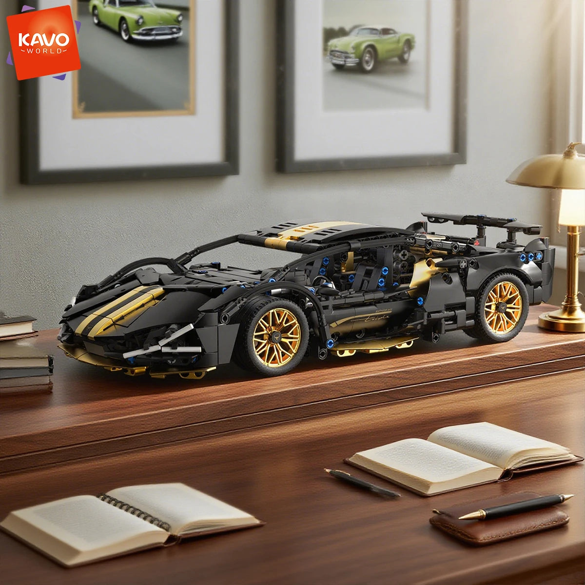 Supercar Building Set, 1280-Piece Black and Gold 1:14 Scale Sports Car Model with Adjustable Rear Wing and Opening Cockpit by KAVOWORLD