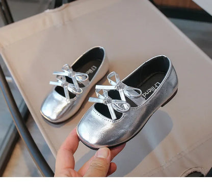 Girls Square-Toe Double-Bow Dress Flats with Cross-Strap Detail in Silver, Black or Gold for Party Outfits, Family Celebrations and Special Occasions
