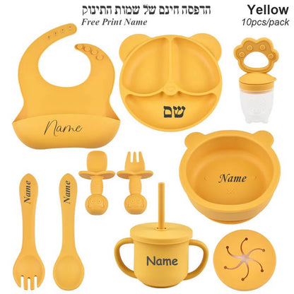 Ten-Piece Personalized Baby Feeding Set with Panda Divided Plate, Suction Bowl, Pocket Bib, Straw Cup and Utensils in Nine Color Options