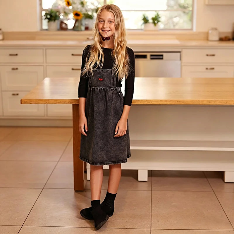 Black Denim Family Matching Outfits with Embroidered Details, Girls Dresses and Skirts, Boys Shirts and Baby Sets for Sibling Photos