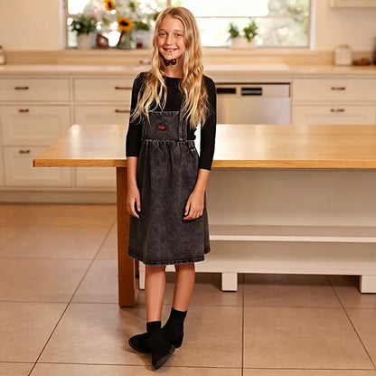 Black Denim Family Matching Outfits with Embroidered Details, Girls Dresses and Skirts, Boys Shirts and Baby Sets for Sibling Photos