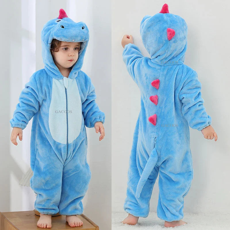 Animal Kigurumi Costume for Babies and Toddlers, Hooded Flannel Jumpsuit with Long Sleeves for Halloween Dress-Up and Family Photos