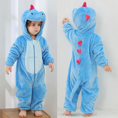 Animal Kigurumi Costume for Babies and Toddlers, Hooded Flannel Jumpsuit with Long Sleeves for Halloween Dress-Up and Family Photos