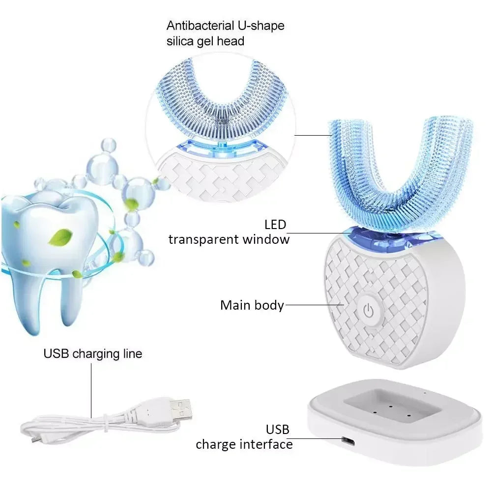 Silicone Mouthpiece Electric Toothbrush for Adults with U-Shaped Head, Three Modes, Rechargeable Handle and Charger for Everyday Oral Care