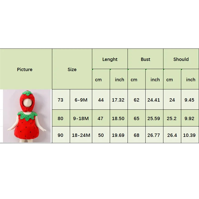 Baby Strawberry Costume with Hat, Red Fruit Romper with Green Leaf Trim for Infant Halloween Dress-Up, Berry-Themed Parties and Photo Sessions