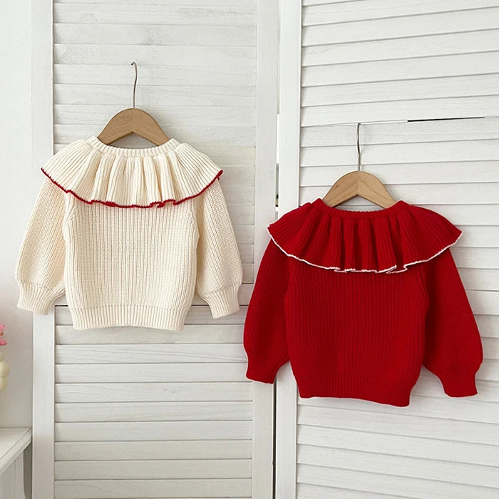 Contrast-Trim Ruffle Collar Baby Girl Cardigan Styles with Button Front and Long Sleeves, Infant and Toddler Knit Sweater Options in Sizes 3M-3T