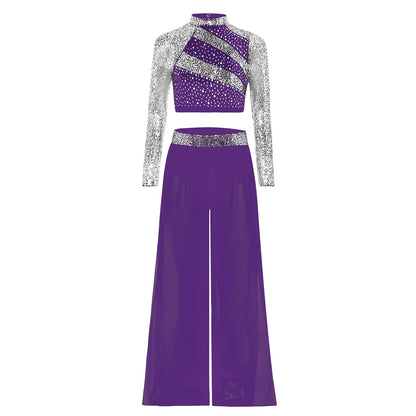 Girls Lyrical Dance Costume Set with Mock Neck Sparkle Top and Wide Leg Pants, Chiffon Overlay and Sleeveless Styles for Recitals and Stage Performances