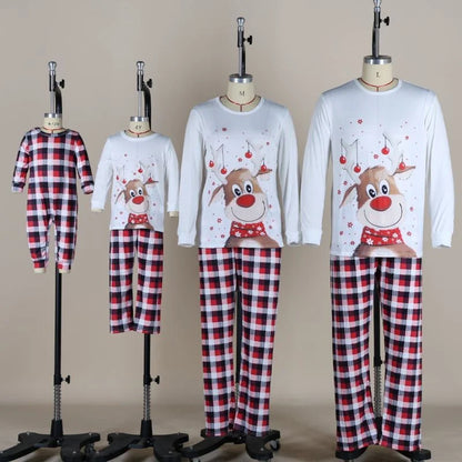 Reindeer Family Matching Pajamas with White Long Sleeve Tops and Red Black Plaid Pants, Christmas Outfits for Mom, Dad, Kids and Baby Size Options