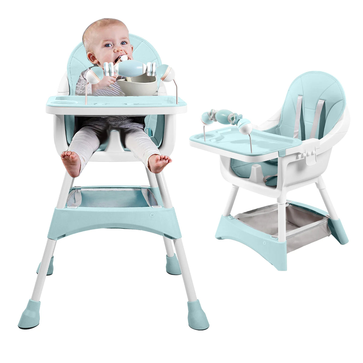 Baby Dining High Chair with Removable Double-Layer Tray, Convertible Toddler Seating with Adjustable Footrest and Toy Rack for Family Mealtimes