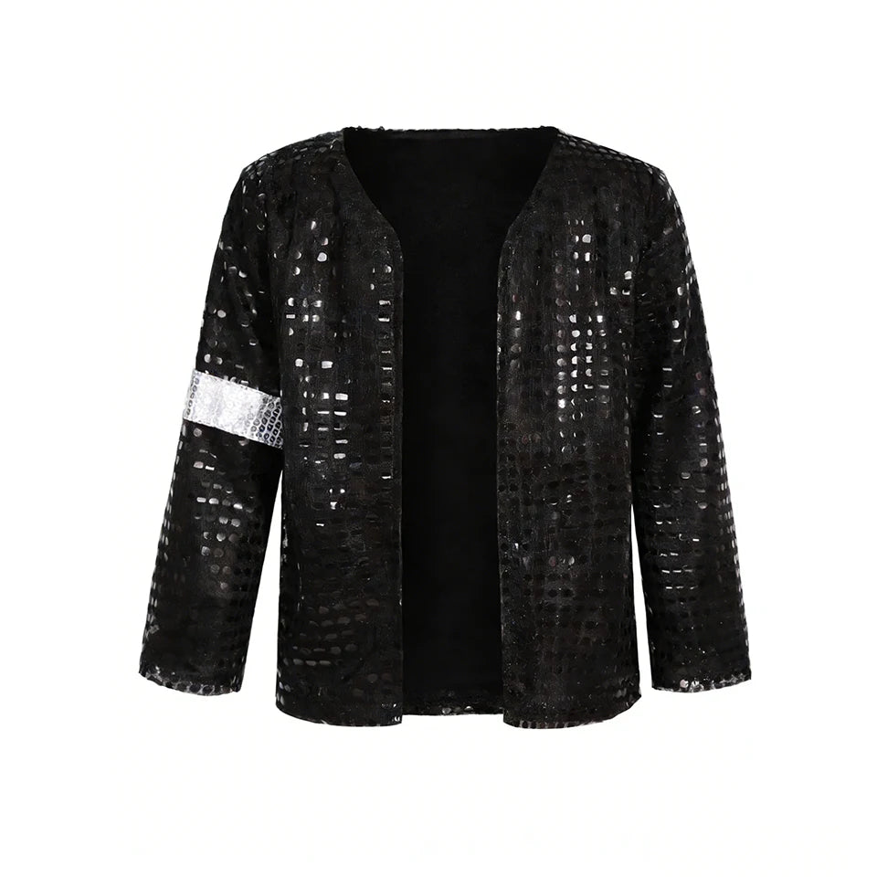 Kids Pop Star Costume with Black Sequin Jacket and Pants Set Options, Retro Dance Performance Outfit for Halloween and Parties, Sizes S-XL
