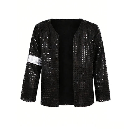 Kids Pop Star Costume with Black Sequin Jacket and Pants Set Options, Retro Dance Performance Outfit for Halloween and Parties, Sizes S-XL