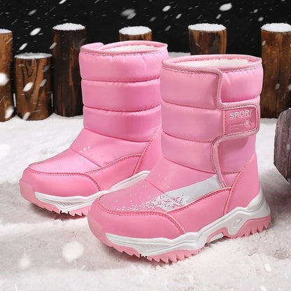 Kids Plush-Lined Winter Boots with Padded Shafts and Front Flap Closures, Pink or Purple Snow-Style Footwear for Boys and Girls