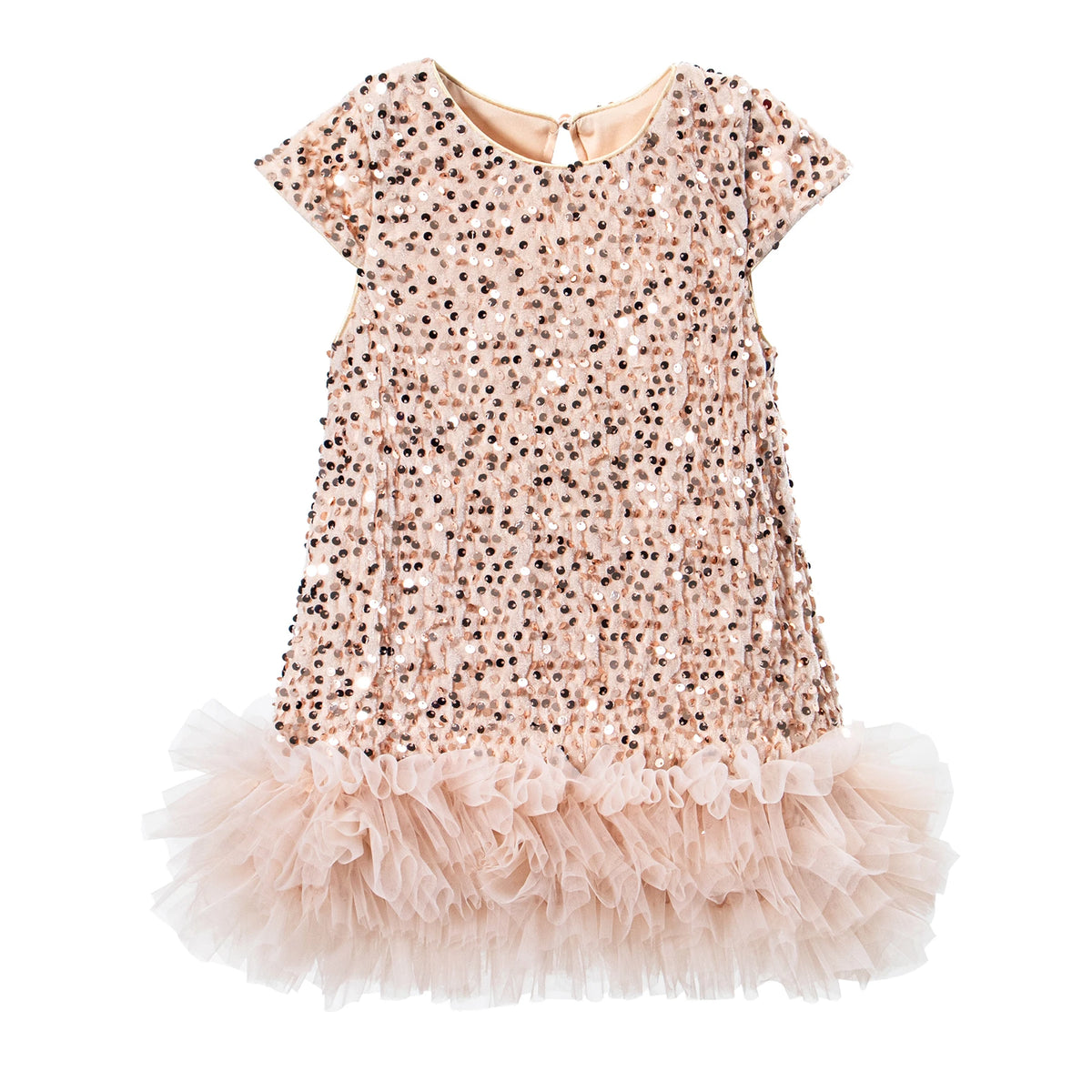 Girls Sequin Party Dress, Short Sleeve Sparkle Dress with Fluffy Mesh Ruffle Hem and Cotton Blend Lining for Birthdays and Holiday Photos, 2T-6T