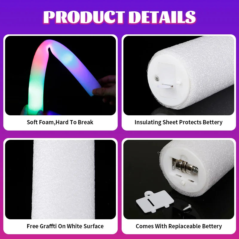 LED Foam Glow Sticks Bulk Party Favors with RGB, Single-Color and Personalized Options for Weddings, Birthdays, Concerts and Christmas