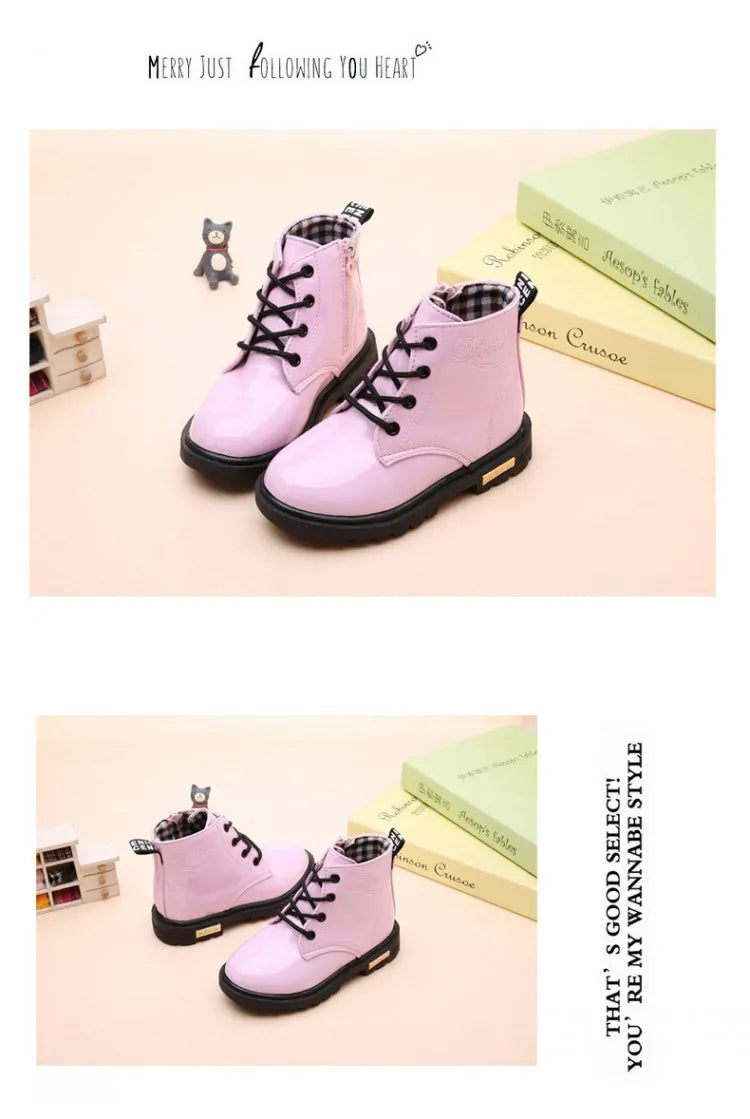 Kids Lace-Up Ankle Boots in PU Leather, Glossy Fashion Shoes for Boys and Girls with Black Soles, Five Colors and Sizes 21–37 for Spring and Fall