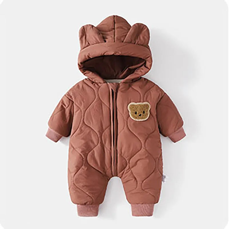 Winter Baby Bear Snowsuit, Quilted Hooded One-Piece with Plush Lining, Front Zipper and Ribbed Cuffs for Infant Boys and Girls