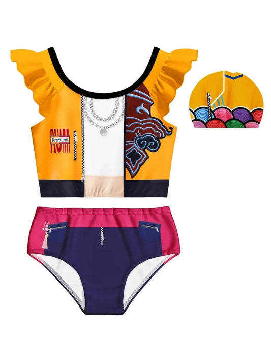 Girls Graphic Ruffle Swimsuit Set with Printed Top, Coordinating Bottoms and Swim Cap for Beach Vacations and Pool Days, Sizes 4-5Y to 11-12Y