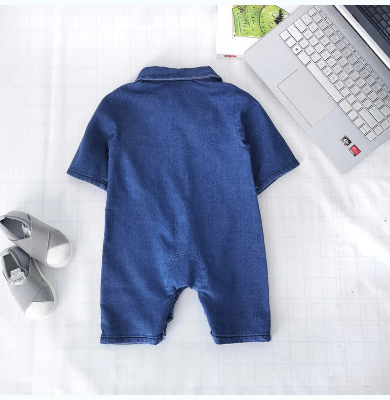 Collared Baby Denim Romper by IENENS with Chest Pockets and Snap Fastenings, Blue Long Sleeve One-Piece Outfit for Boys and Girls in 0-18M Sizes