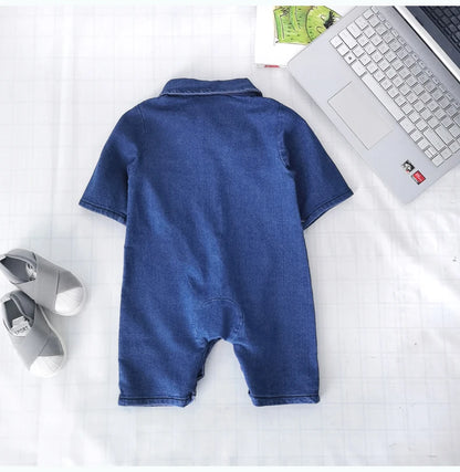 Collared Baby Denim Romper by IENENS with Chest Pockets and Snap Fastenings, Blue Long Sleeve One-Piece Outfit for Boys and Girls in 0-18M Sizes
