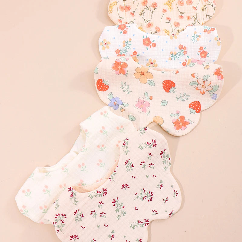 Floral Cotton Baby Bibs 5-Pack with Scalloped Edges, Korean-Style Newborn Drool Bib Set for Boys and Girls, Feeding and Baby Shower Gifts
