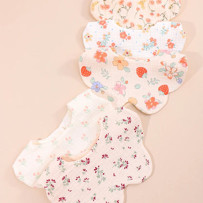 Floral Cotton Baby Bibs 5-Pack with Scalloped Edges, Korean-Style Newborn Drool Bib Set for Boys and Girls, Feeding and Baby Shower Gifts