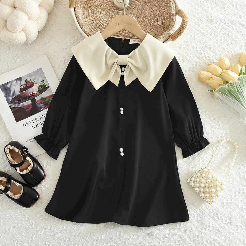 Toddler Girls Floral Dress with Oversized Collar and Long Sleeves, Bear Leader Outfit in Sizes 2T–6T for Spring, Fall and Family Photos
