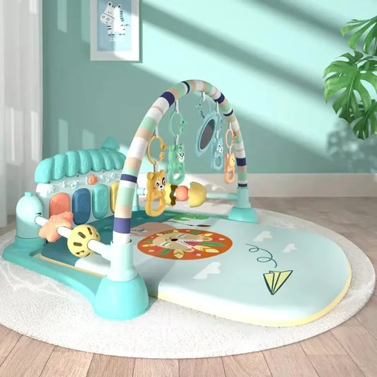 4-Key Baby Piano Activity Mat with 8 Soothing Tunes, Hanging Animal Toys and Mirror, Pink or Green Play Gym for Supervised Kicking and Reaching