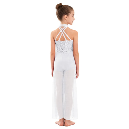 Girls Sequin Dance Jumpsuit with Split Wide-Leg Mesh, Sleeveless Mock Neck and Crisscross Back for Lyrical Recitals and Stage Performances