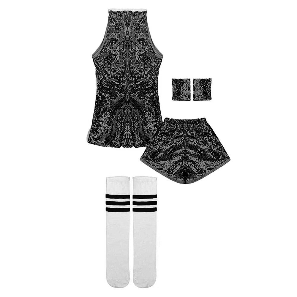 Girls Sequin Jazz Dance Costume with Sleeveless A-Line Dress, Shorts, Socks and Wristbands, Sparkly Hip Hop Stage Outfit for Ages 4-12