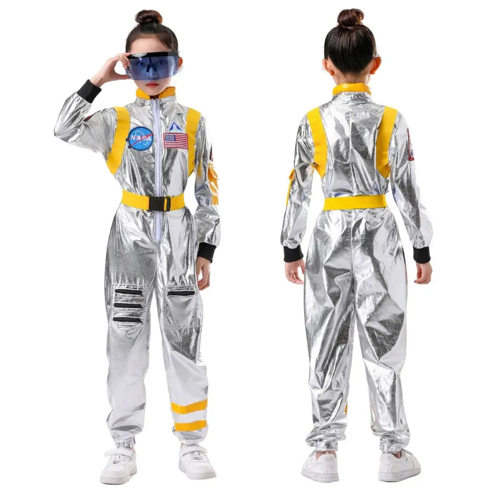 Kids Astronaut Costume Jumpsuit, Silver Space Explorer Outfit for Halloween, Carnival, Cosplay and Imaginative Dress-Up, Sizes 120–150