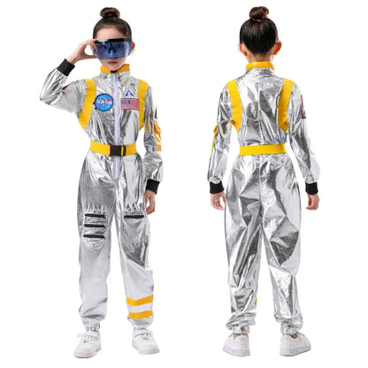 Kids Astronaut Costume Jumpsuit, Silver Space Explorer Outfit for Halloween, Carnival, Cosplay and Imaginative Dress-Up, Sizes 120–150
