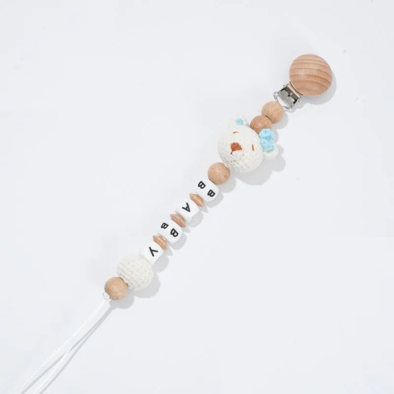 Custom Name Pacifier Clip with Crochet Animal Detail, Beech Wood Holder and Letter Beads, Personalized Baby Shower Gift for Everyday Outings