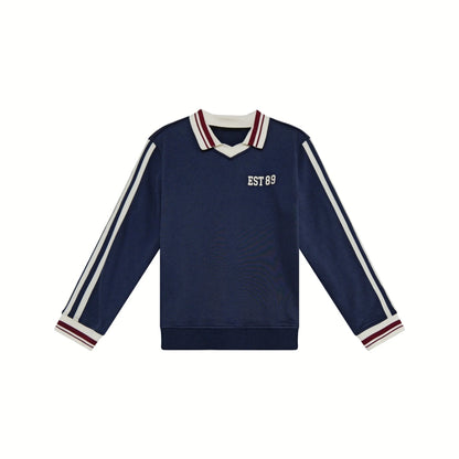 Navy Collared Kids Matching Outfits with Striped Trim, Boys Sweatshirt, Girls Dress and Skirt Set Options for Sibling Photos and Fall