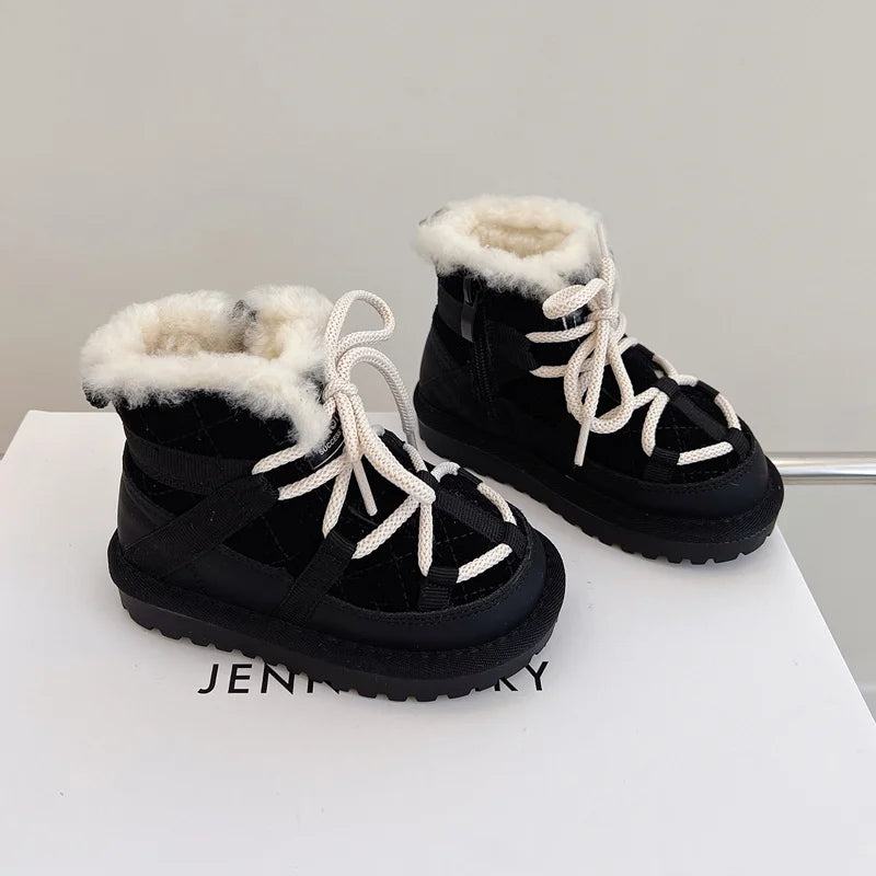 Plush-Lined Toddler Ankle Boots with Lace-Up Front and Side Zipper, Camel or Black Winter Shoes for Boys and Girls, Sizes 18-30