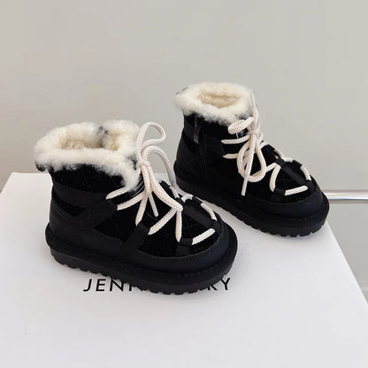 Plush-Lined Toddler Ankle Boots with Lace-Up Front and Side Zipper, Camel or Black Winter Shoes for Boys and Girls, Sizes 18-30