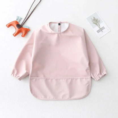 Long Sleeve Feeding Bib for Babies and Toddlers, Solid Color Polyester Mealtime Apron with Front Pocket for Snacks and Messy Art Play