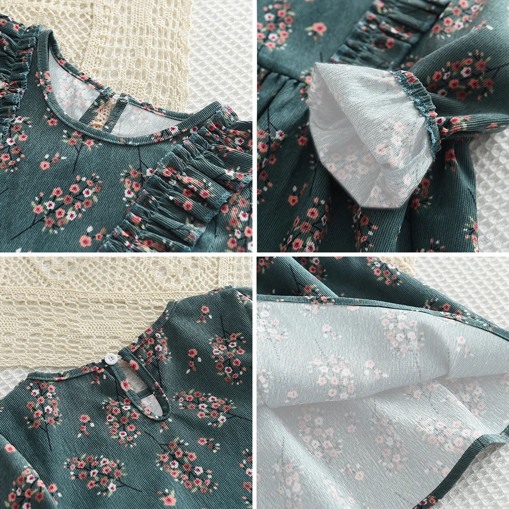 Toddler Girls Floral Dress with Oversized Collar and Long Sleeves, Bear Leader Outfit in Sizes 2T–6T for Spring, Fall and Family Photos