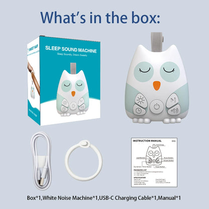 Owl White Noise Machine with 30 Sounds, USB-C Rechargeable 500mAh Battery and 30/60/90-Minute Timer for Nursery Bedtime and Travel