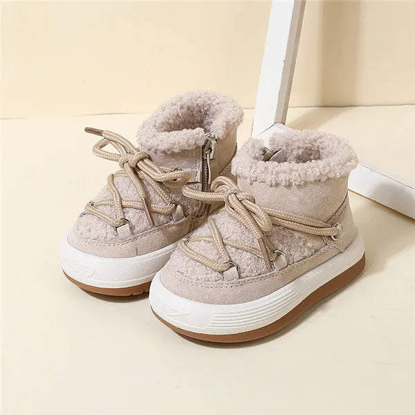 Toddler Plush Ankle Boots with Lace-Up Front, Rubber Soles and Fluffy Trim for Boys and Girls, Beige Black or Pink Cool-Weather Shoes