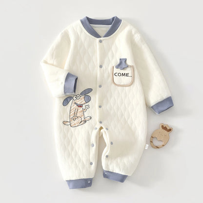 Quilted Baby Snap-Front Romper with Cartoon Dog or Dinosaur Details, Long Sleeve Footless Jumpsuit with Contrast Cuffs for Infant Everyday Outfits